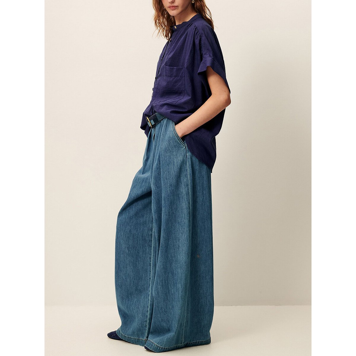 Chemise à manches courtes et col rond, à fines rayures, CAMILLE bleu, SESSUN