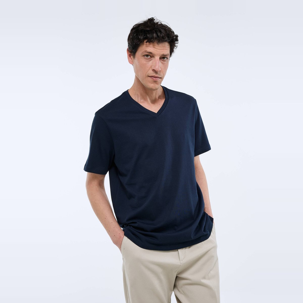 T-shirt manches courtes col v en coton BIO GOTS marine, MONOPRIX