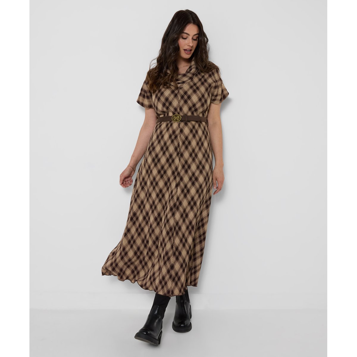 Robe Longue Plissée à Col Bénitier Hallie marron, JOE BROWNS