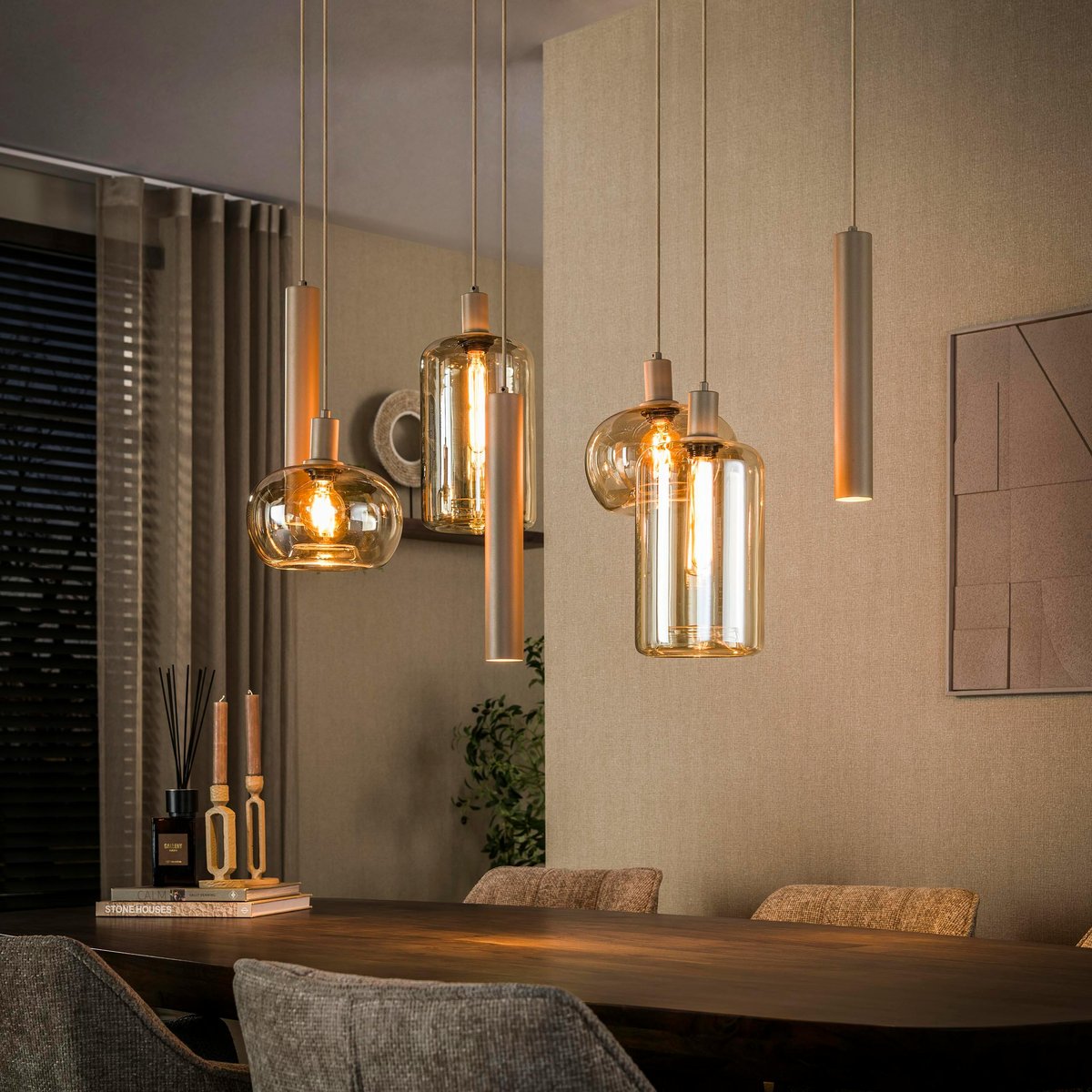 Suspension de table verre et métal beige 7 lampes NIAGARA beige, PIER IMPORT