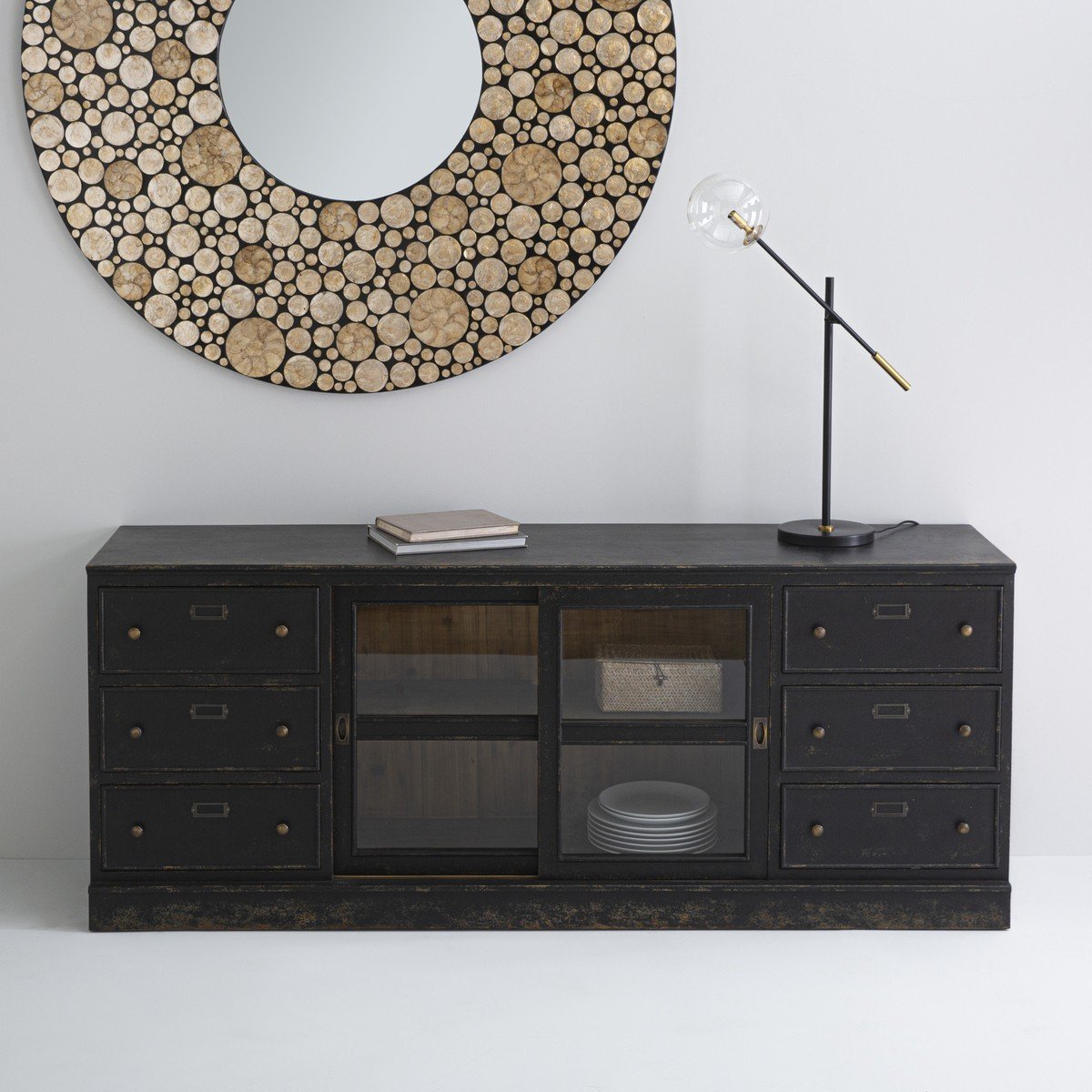 Buffet en bois massif et verre L280 cm - AMSTERDAM noir, SIGNATURE