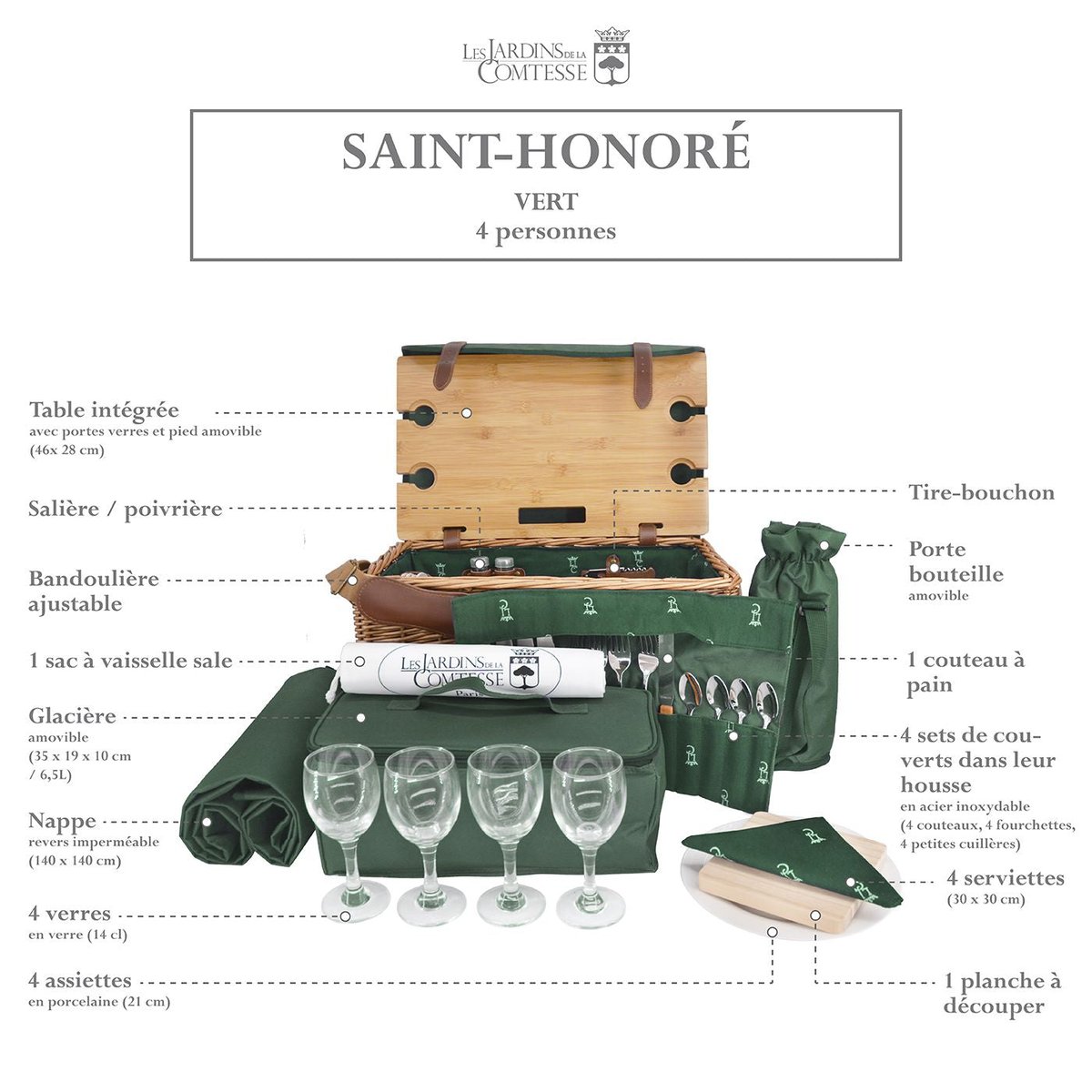 Panier picnic cuir Saint-honoré 4 pers vert foncé, LES JARDINS DE LA COMTESSE