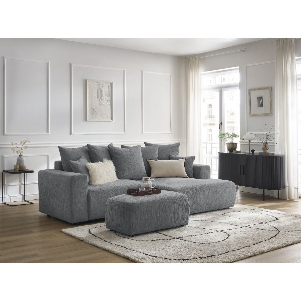 Canapé d'angle convertible 5 places en tissu texturé avec pouf, ATILLA gris foncé, BOBOCHIC