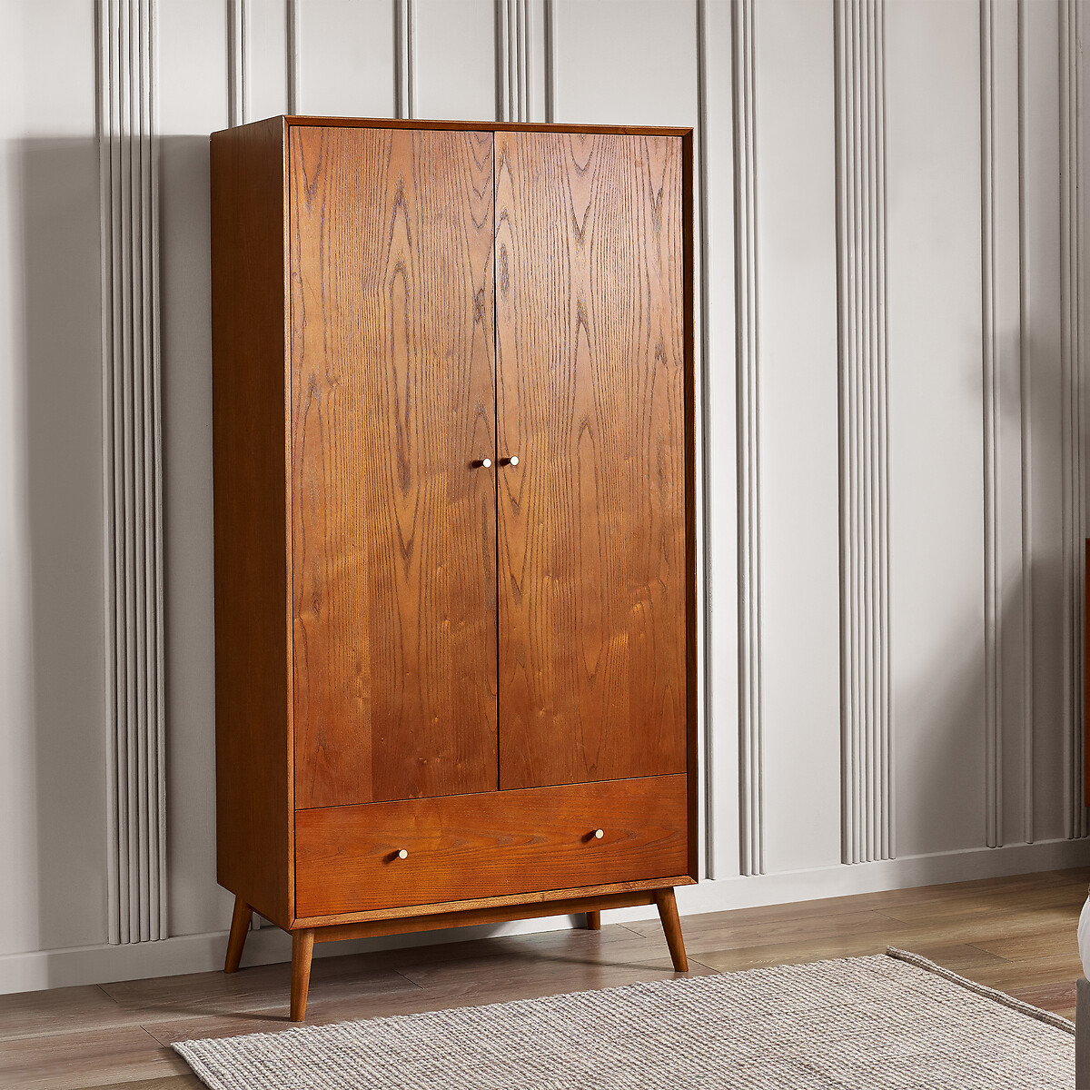 Elijah Retro Ash Wood 2 Door Wardrobe with Drawer auburn, SO'HOME