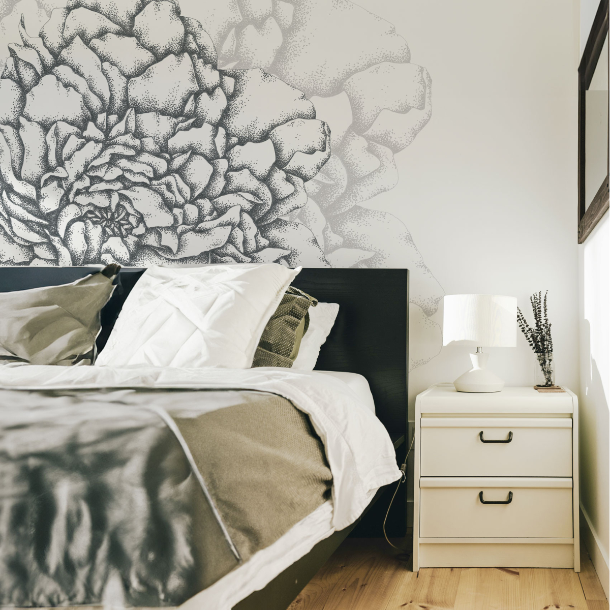 Papier peint panoramique Cœur de pivoines, Jaune 150 x 250cm noir, ACTE DECO