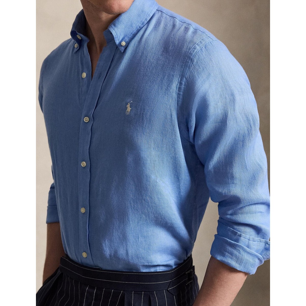 Camicia in lino Custom Fit blu tinta unita , POLO RALPH LAUREN