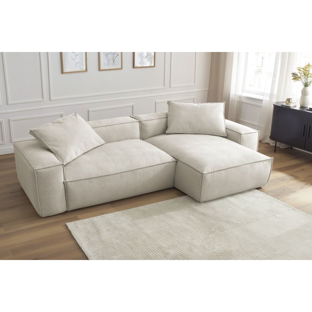 Canapé d'angle fixe 3 places en tissu chiné, BOHEME beige, BOBOCHIC