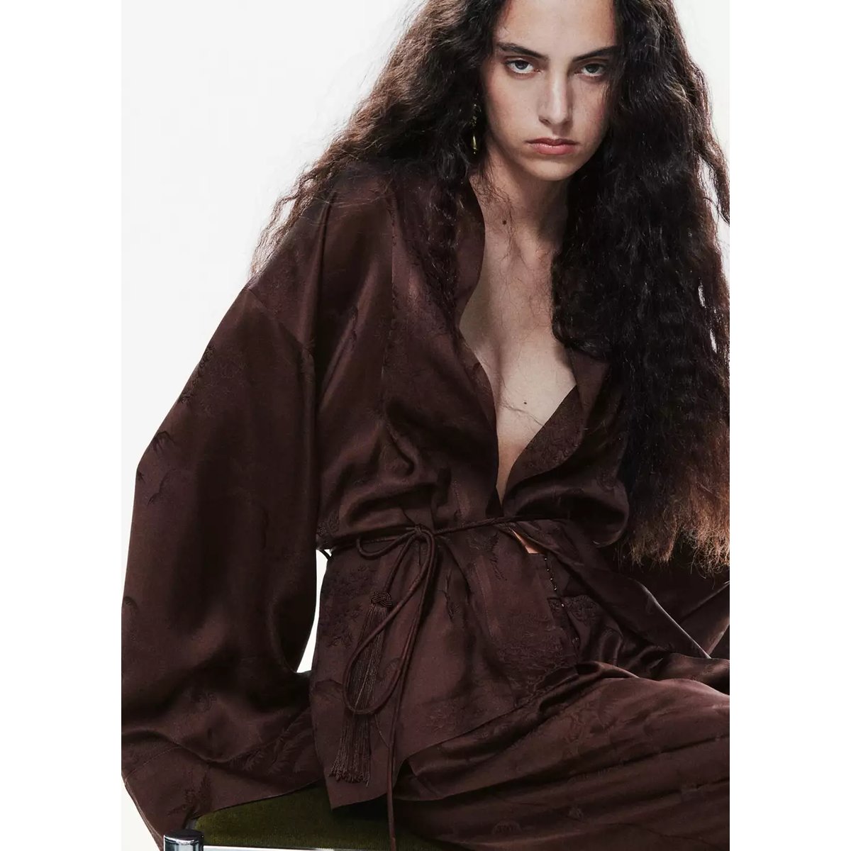 Blazer jacquard style kimono marron, MANGO