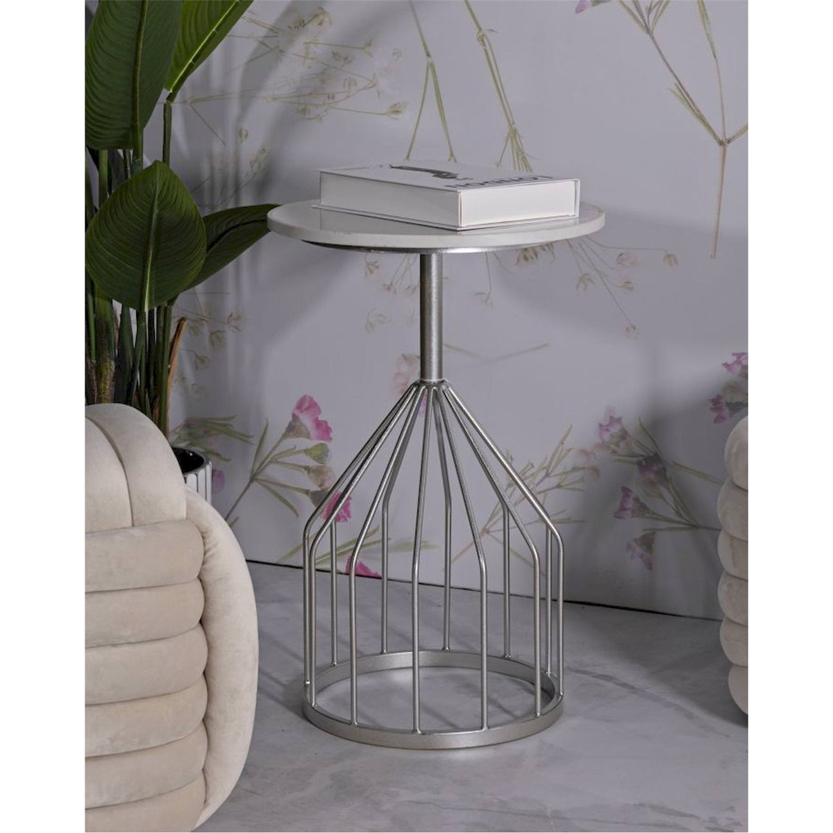 Table d'appoint ronde en marbre et fer GLAM argenté et marbre clair, RECOLLECTION