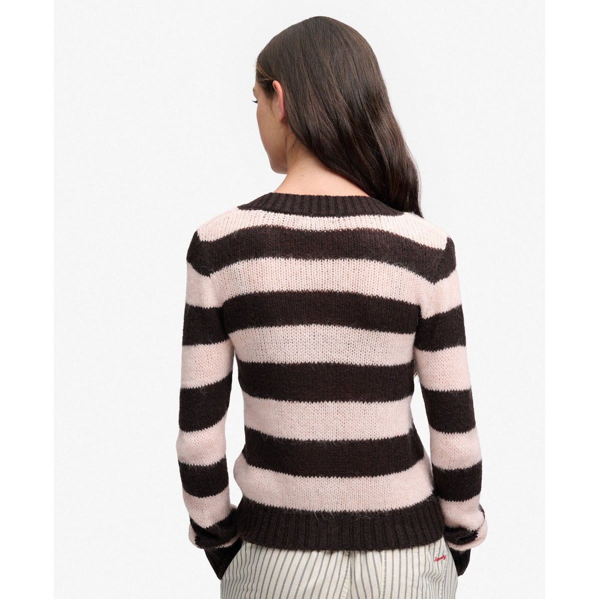 Cardigan Léger Col V Coupe Décontractée rayure brun foncé/rose pâle, SUPERDRY