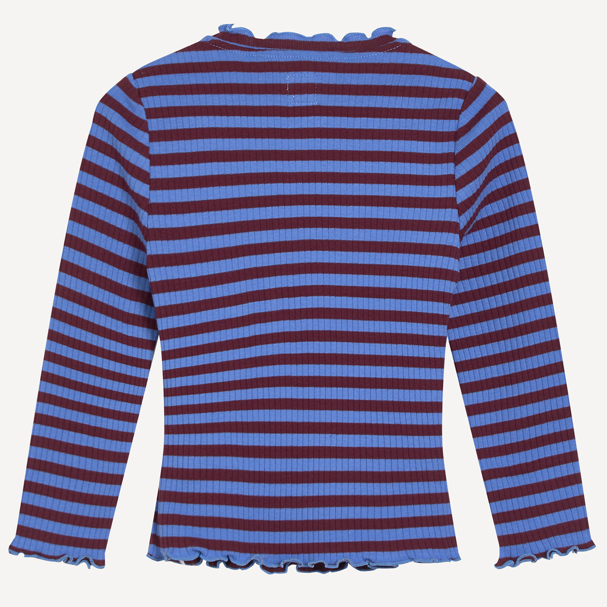 Striped Ribbed Ruffled Collar Long Sleeve T-Shirt burgundy/blue, LA REDOUTE COLLECTIONS