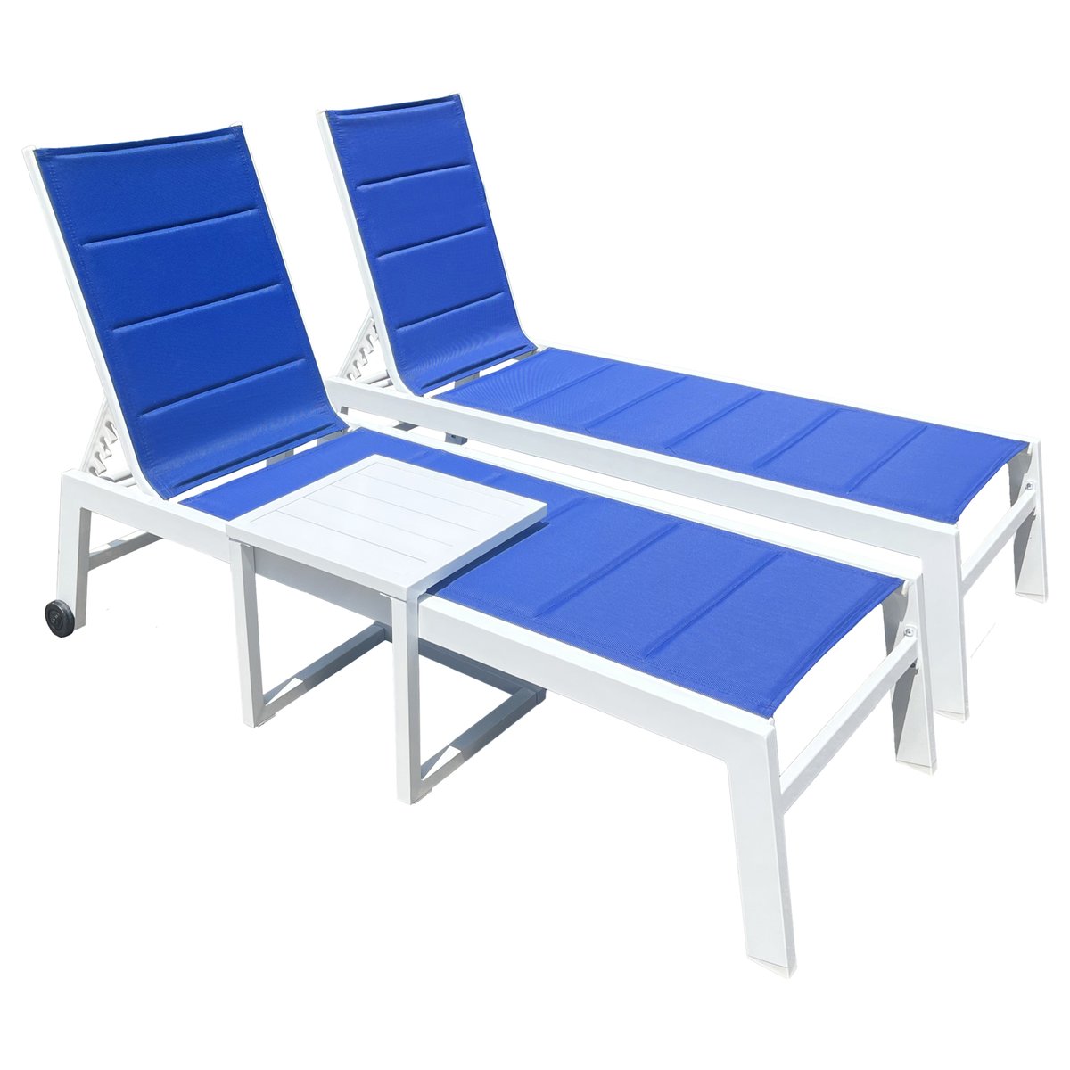 2 bains de soleil et table d'appoint, BARBADOS bleu, blanc, HAPPY GARDEN