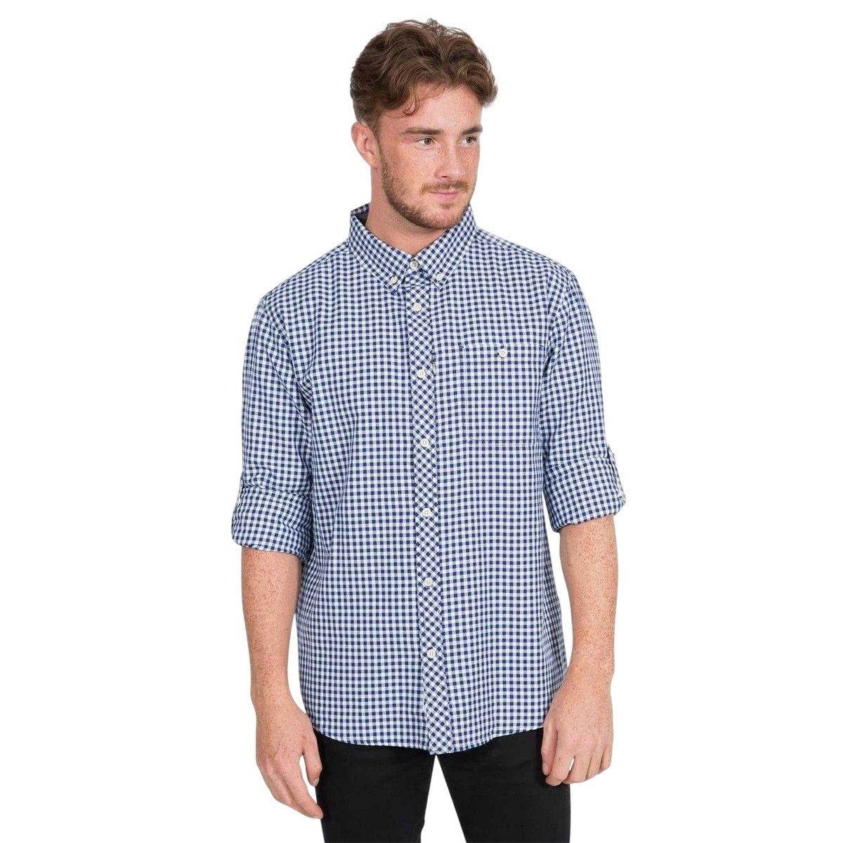 Chemise manches longues à boutons motif/style damier carreaux bleu, TRESPASS