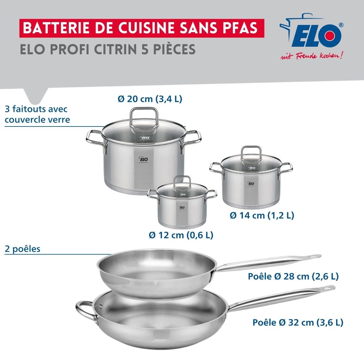 Batterie 2 poêles 28/32cm + 3 faitouts 12/14/20cm PROFI CITRIN inox, ELO