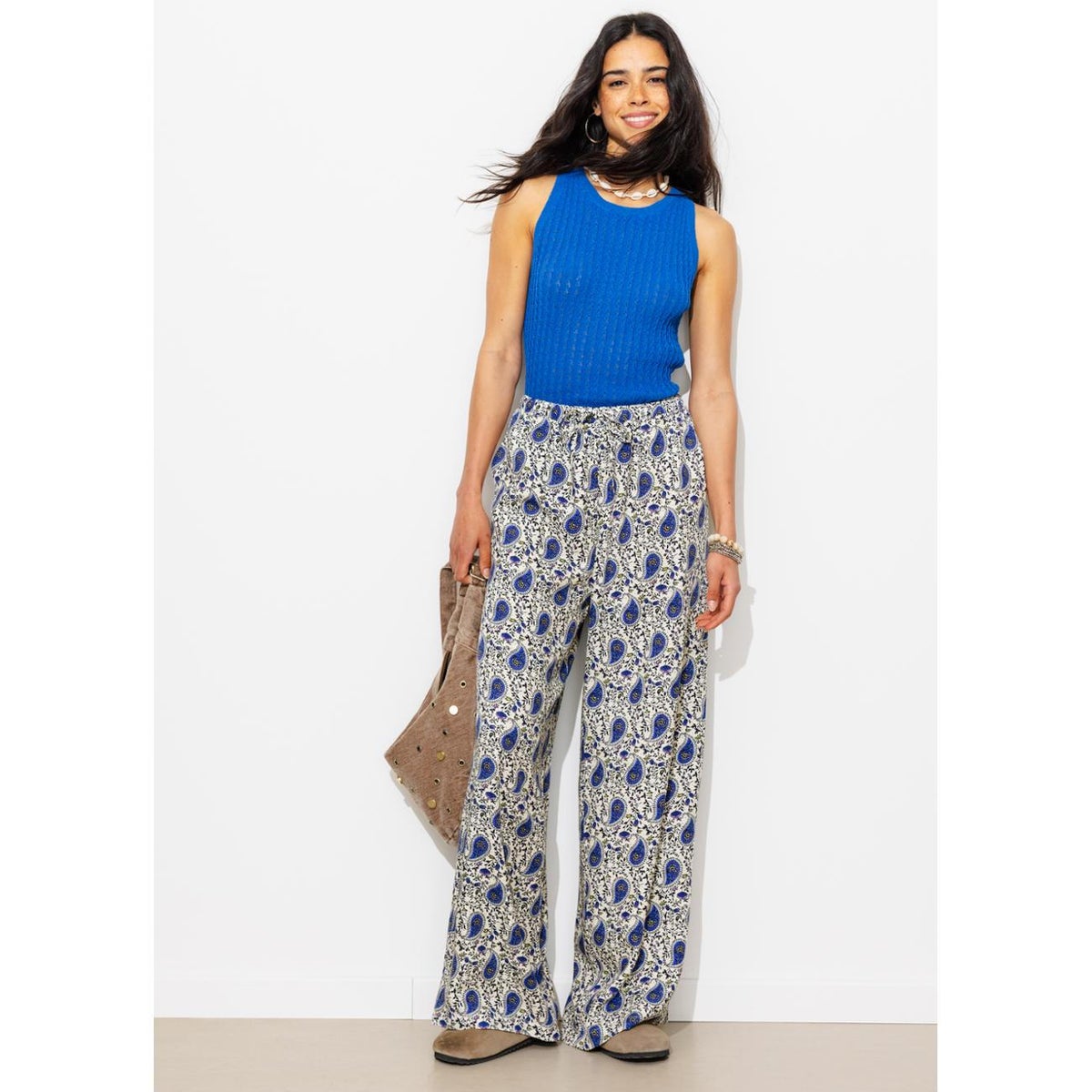 Pantalon large ceinturé imprimé multicolore, PROMOD