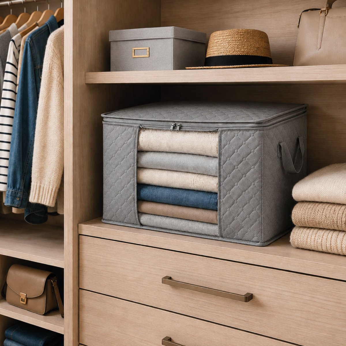Lot de 2 sacs de rangement pliable pour vêtements, linge de maison avec poignées gris, VIVEZEN