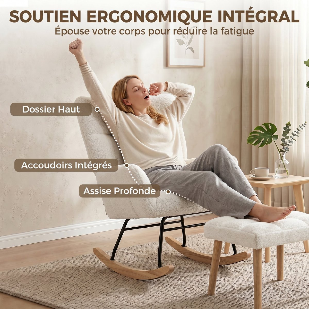 Fauteuil à bascule Tissu bouclette Crème crème, HOMCOM