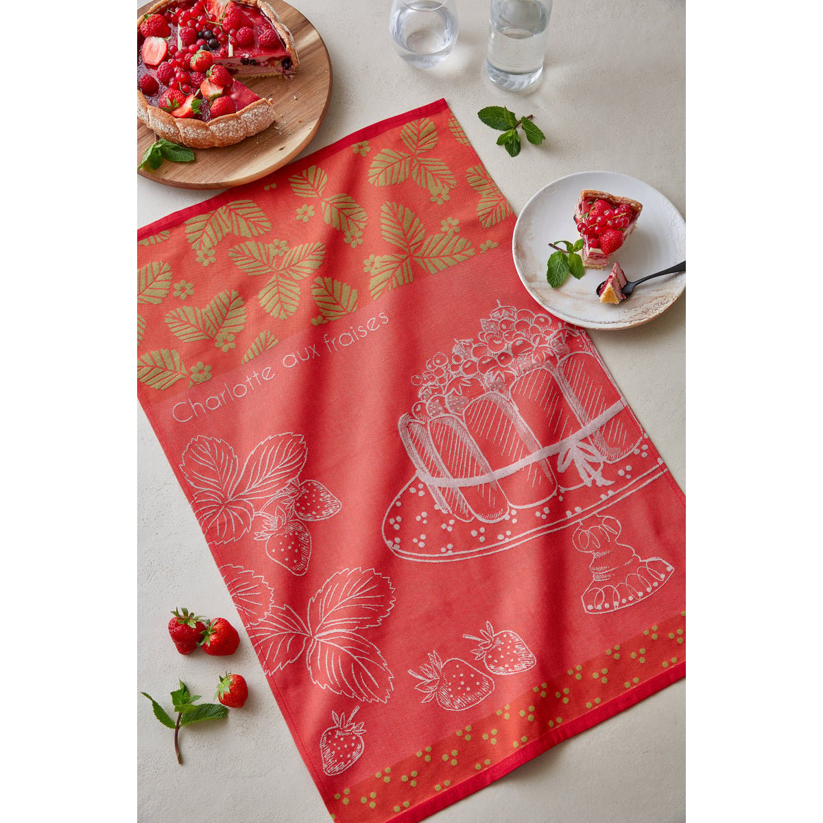 Torchon jacquard coton CHARLOTTE AUX FRAISES rouge, COUCKE
