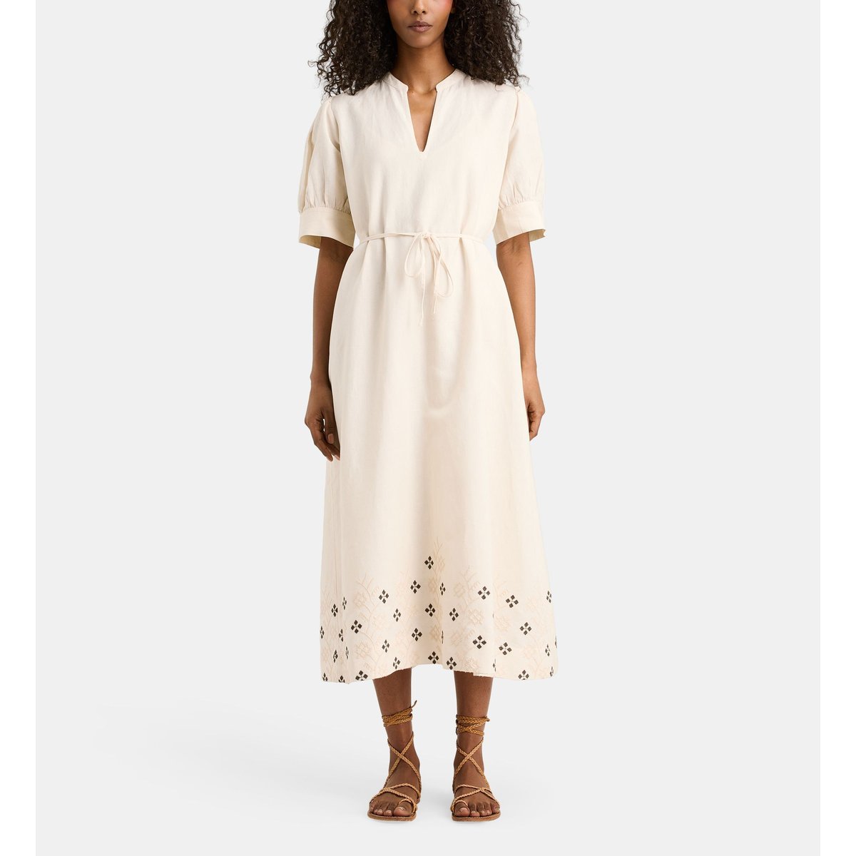 Robe nawel droite mi-longue en coton et lin écru, JODHPUR