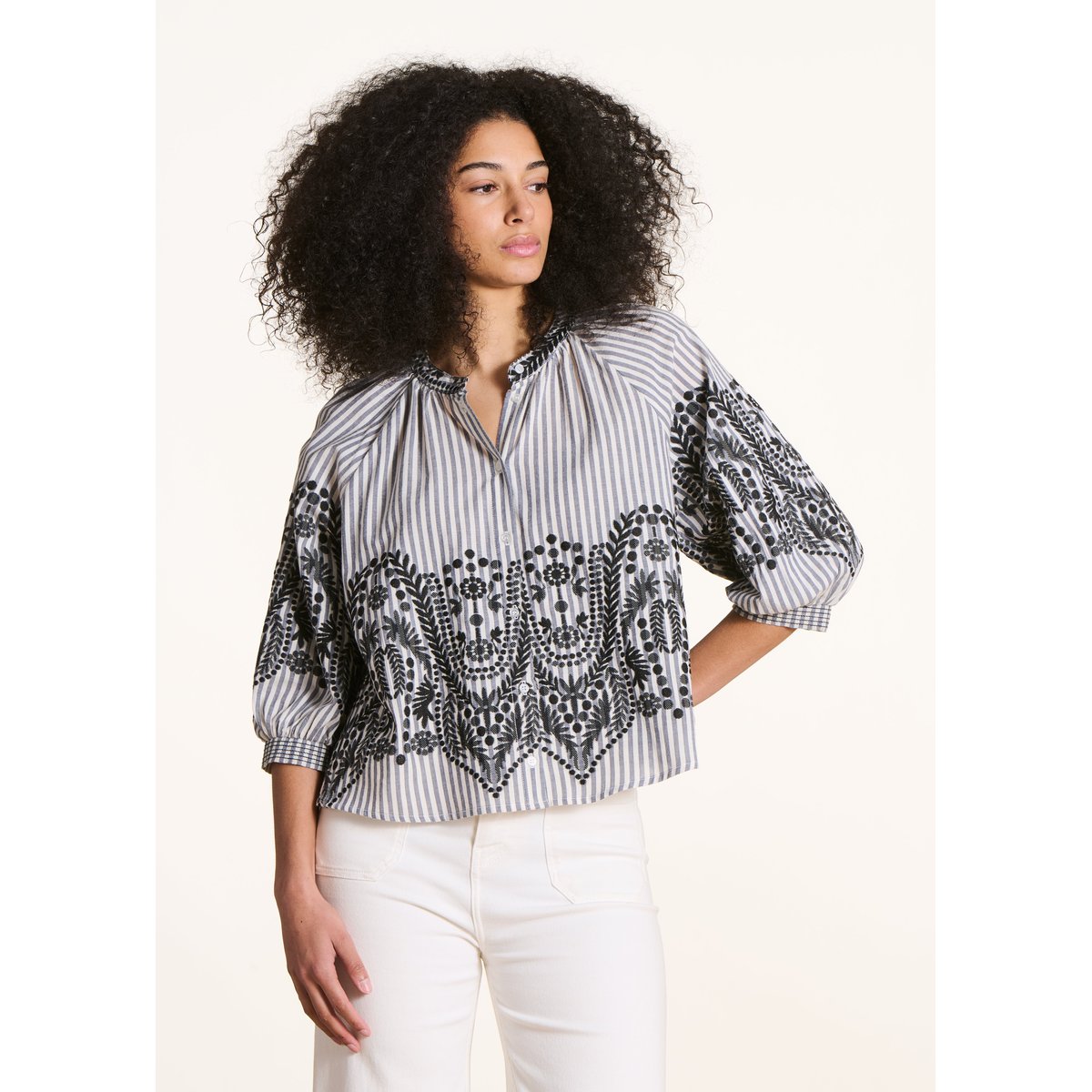 Chemise ample à rayures et motif jacquard noir, LA FEE MARABOUTEE