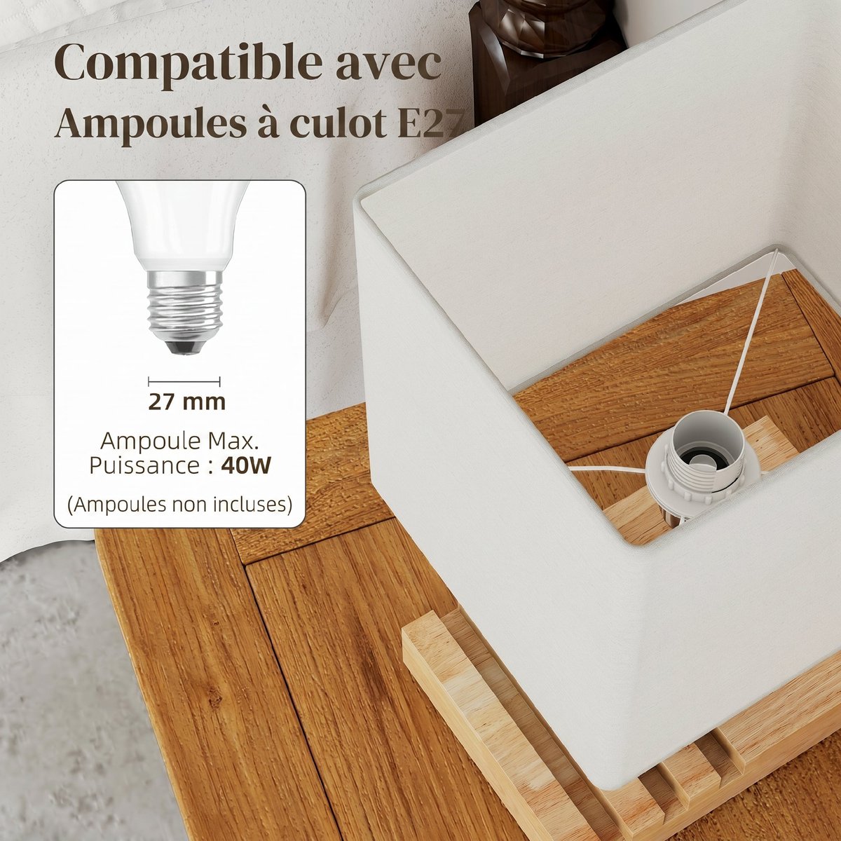 Lampe de table Bois Blanc blanc, bois naturel, chromé, HOMCOM