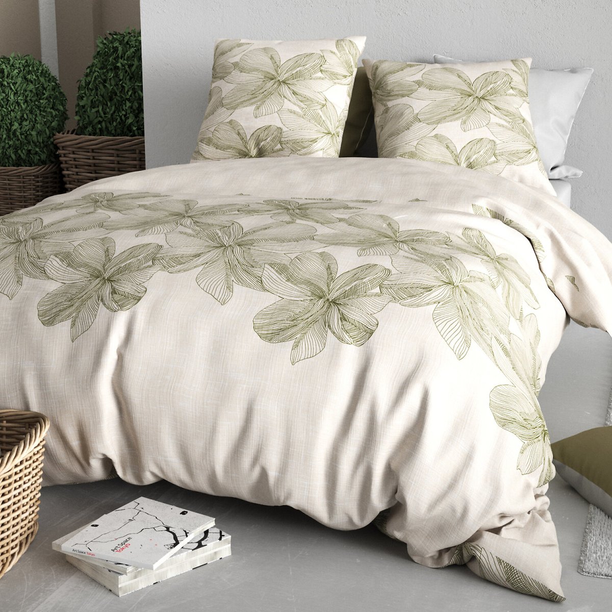 Paure coton imprimée couette et 2 taies, MILA vert, ATELIER DU COTON