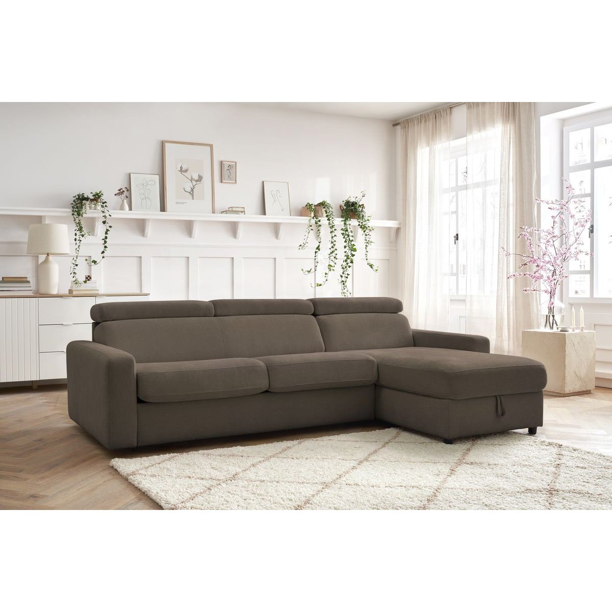 Canapé d'angle convertible 3 places en tissu couchage 140x190 cm, MONACO marron, BOBOCHIC