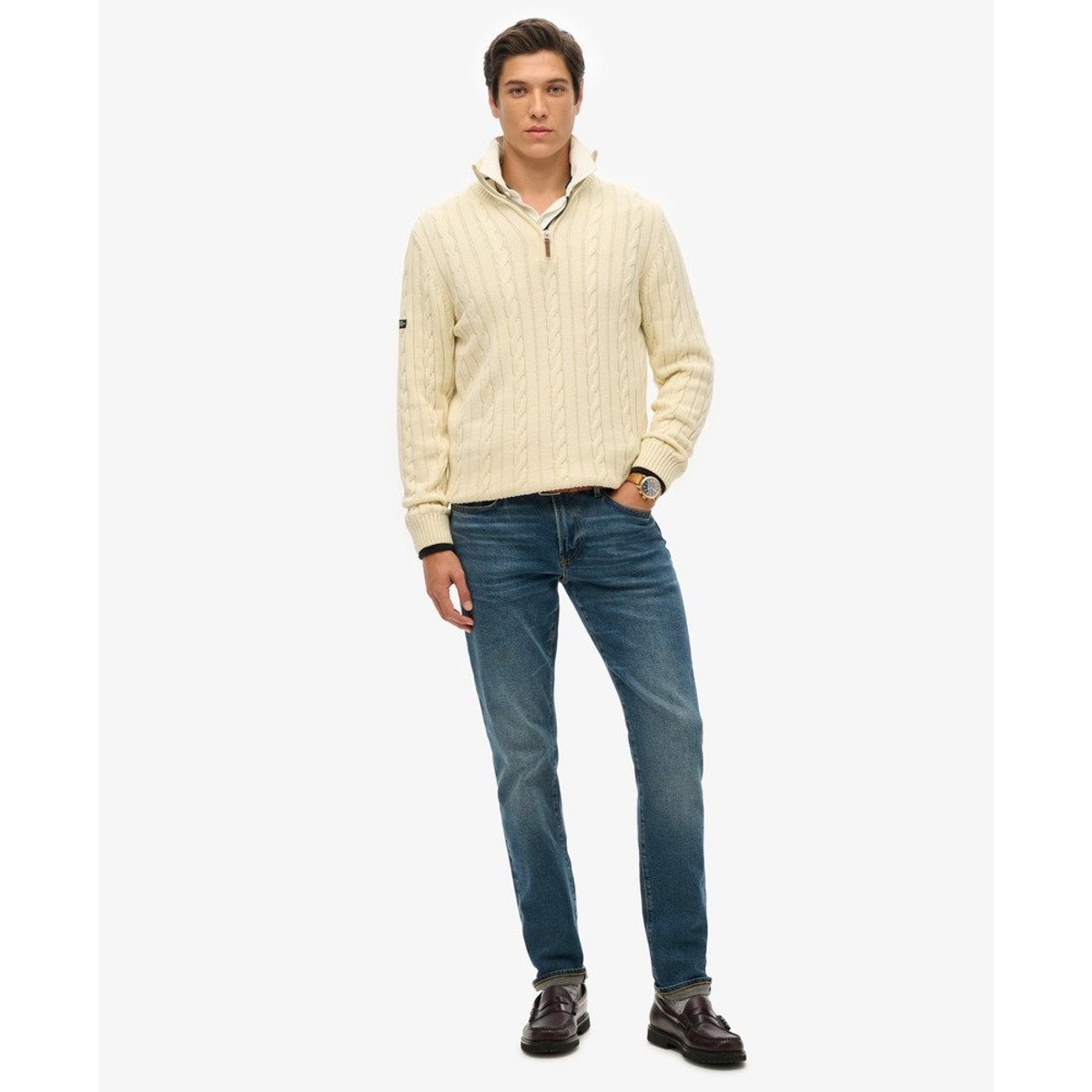 Pull en coton torsadé à col zippé Classic crème, SUPERDRY