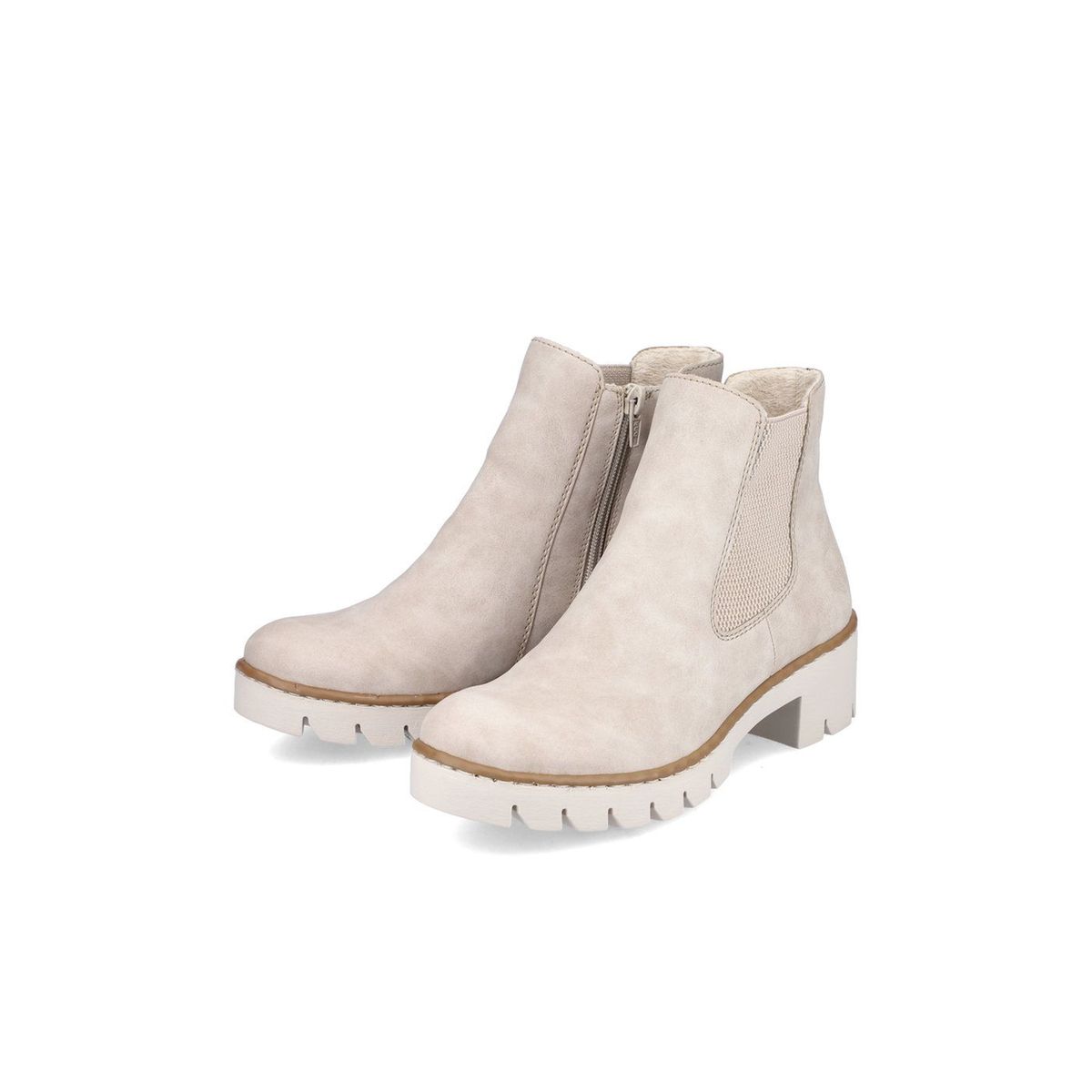 Bottines aspect nubuck taupe à semelle surélevée à talon décroché bas, fourrées, à soufflet élastiqué extérieur taupe, RIEKER