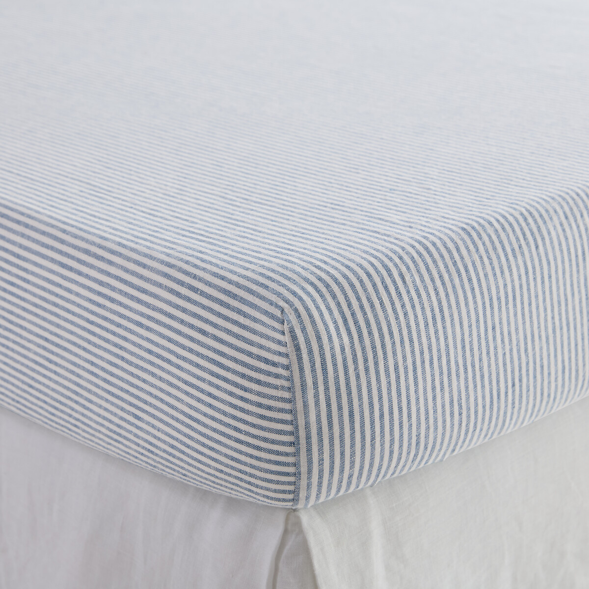 Drap-housse en lin lavé, bonnet 30 cm, à rayures, LIMONA bleu, LA REDOUTE INTERIEURS