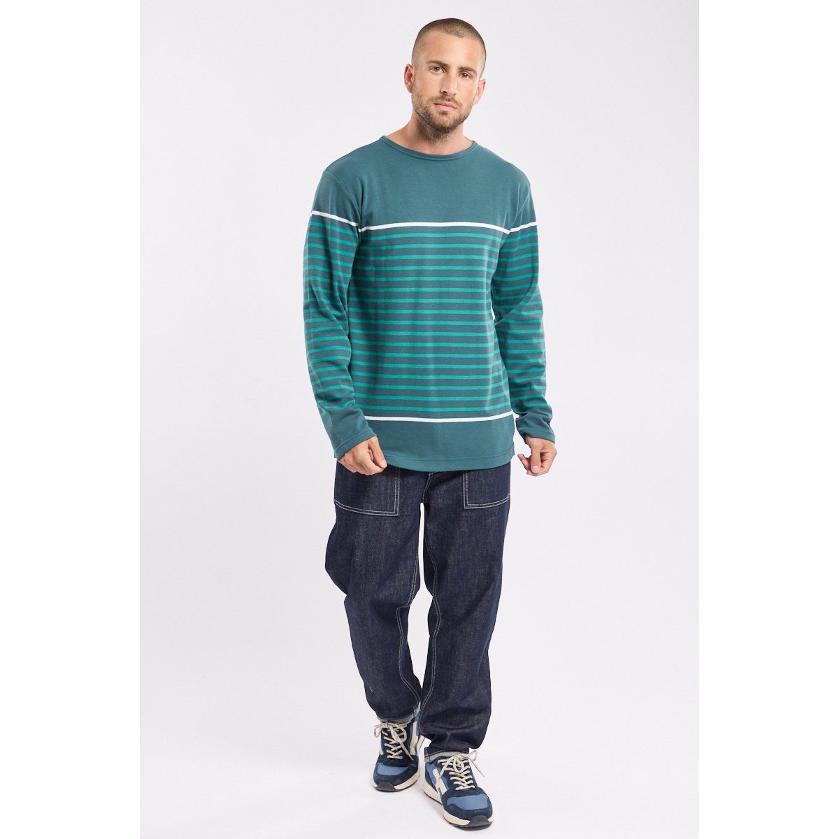 Marinière manches longues en coton dark storm/aquagreen/milk, ARMOR-LUX