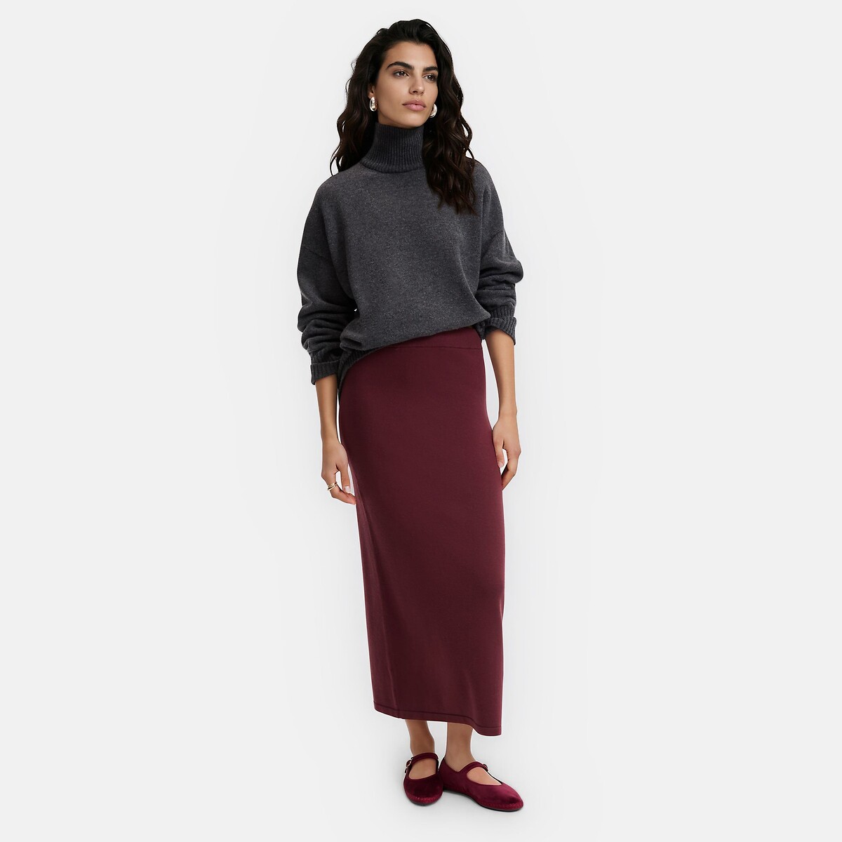 Jupe longue droite, en tricot rouge bordeaux, LA REDOUTE COLLECTIONS