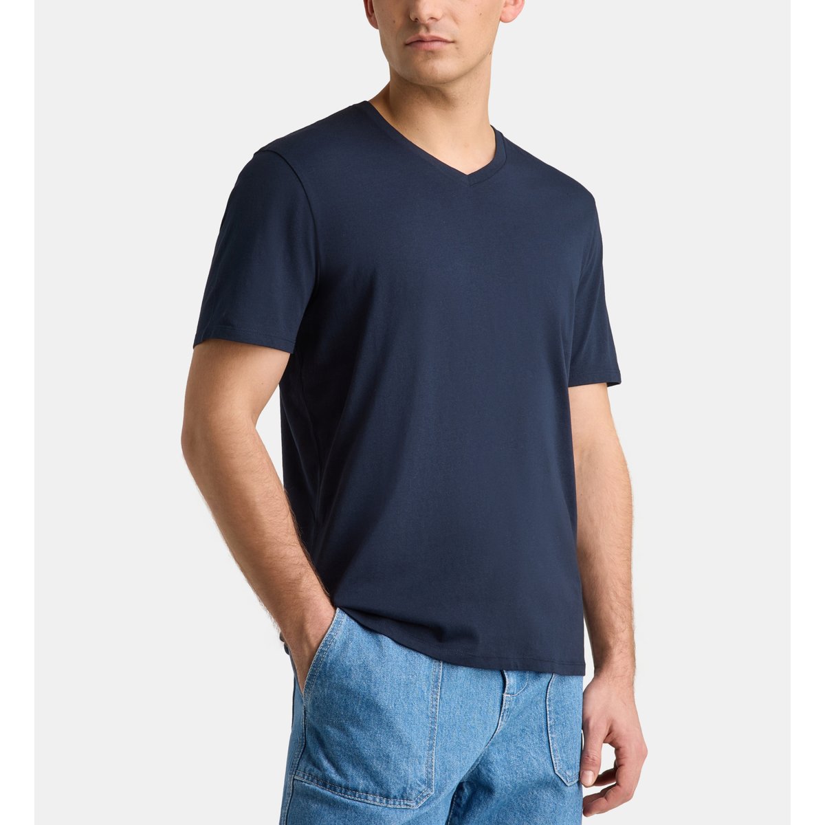 T-shirt sishev droit coton biologique col v bleu marine, GALERIES LAFAYETTE
