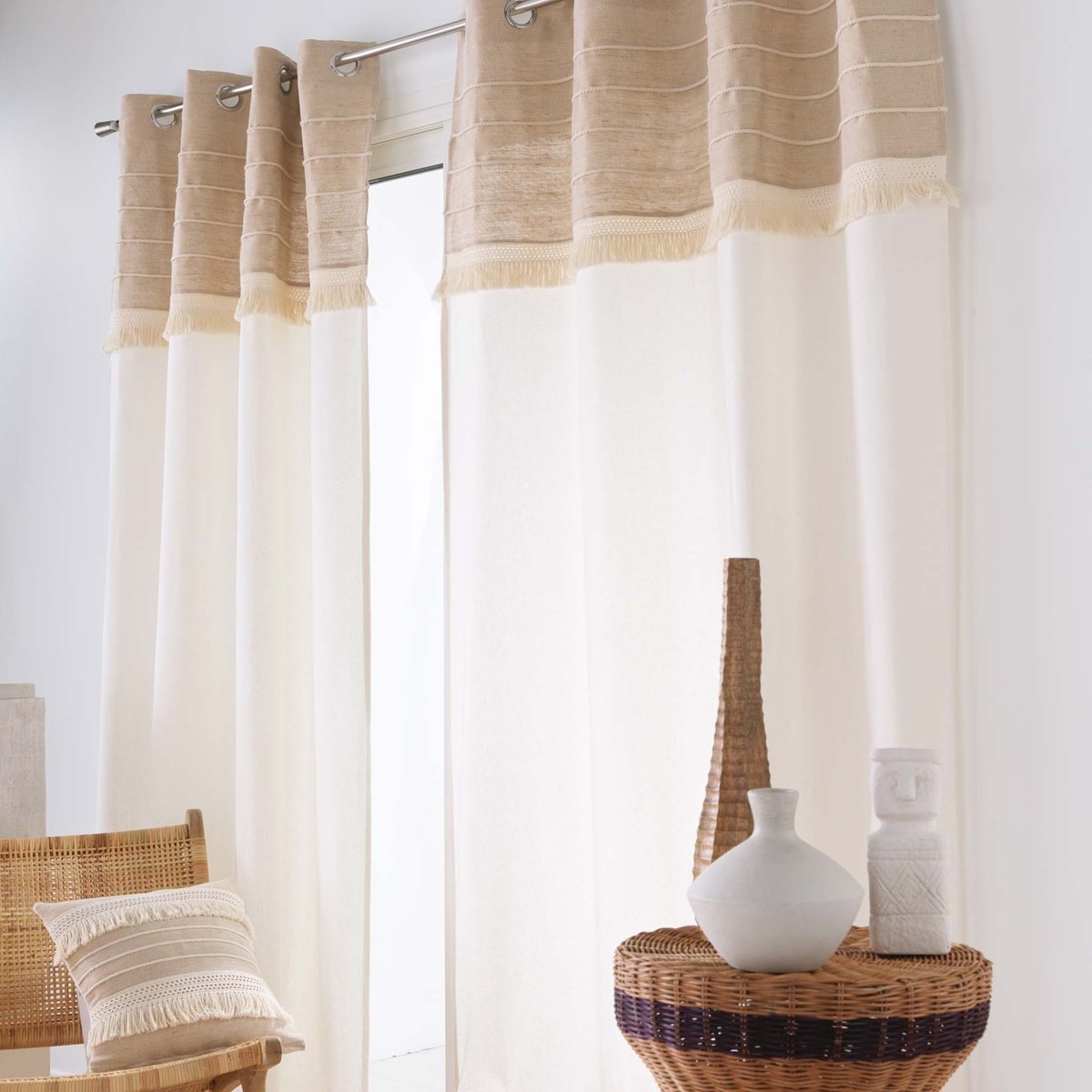 Rideau à œillets en poly-coton et jute avec bande structurée naturel, DOUCEUR D'INTÉRIEUR