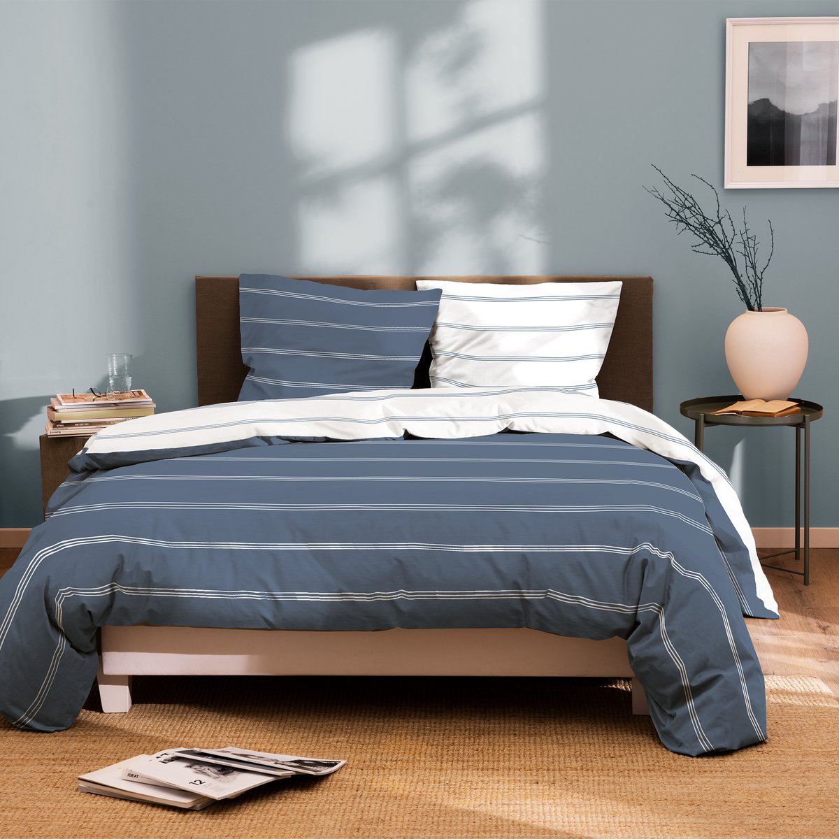 Parure de lit imprimée 100% coton, URBAN STRIPES bleu, MATT ET ROSE
