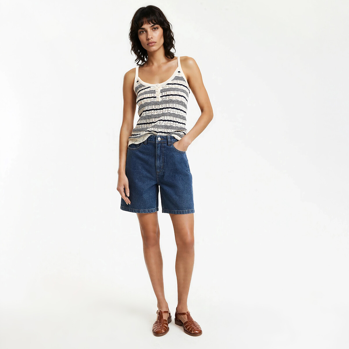 Débardeur en fine maille ajourée rayé noir/écru, LA REDOUTE COLLECTIONS