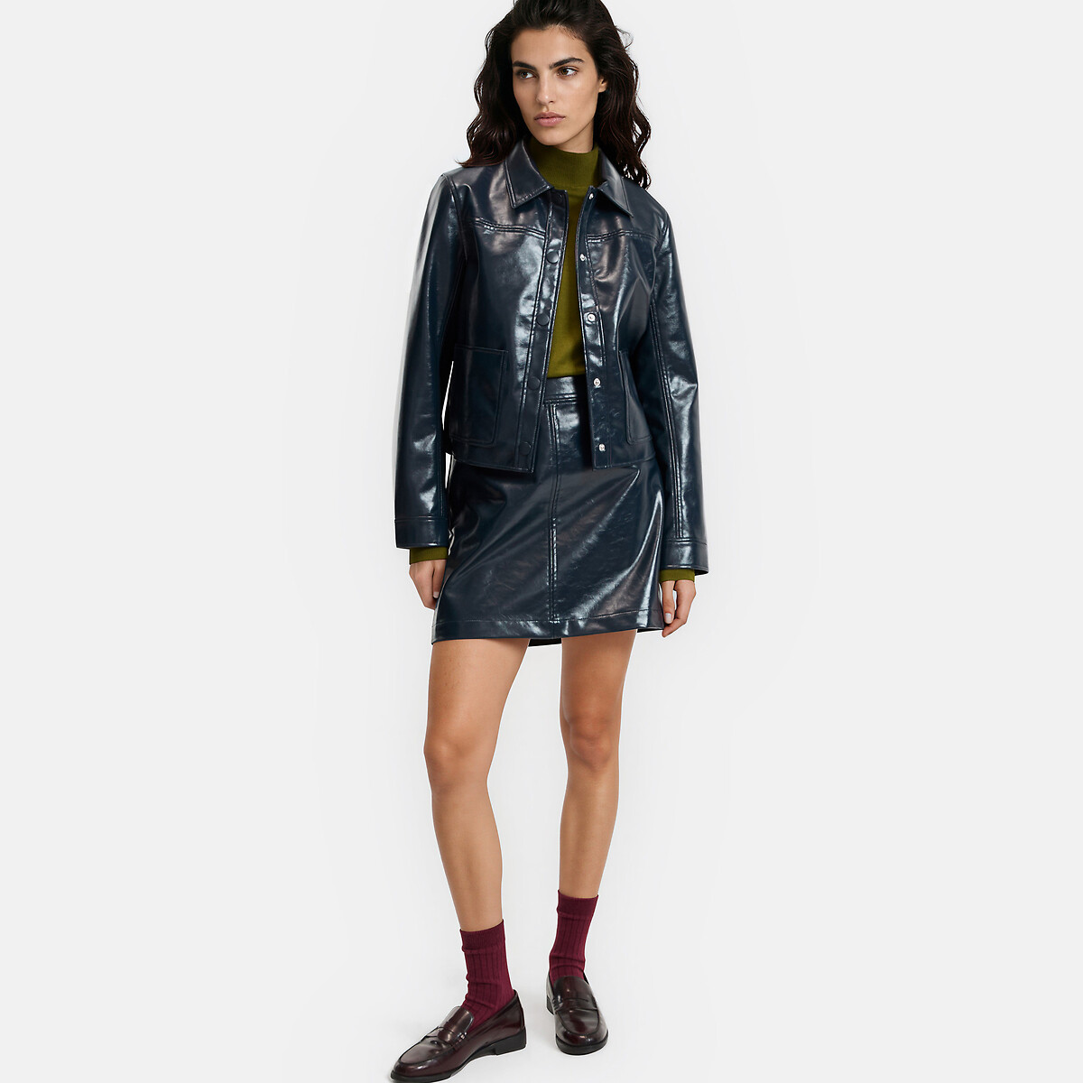 Short Straight Cut Faux Leather Jacket navy blue, LA REDOUTE COLLECTIONS