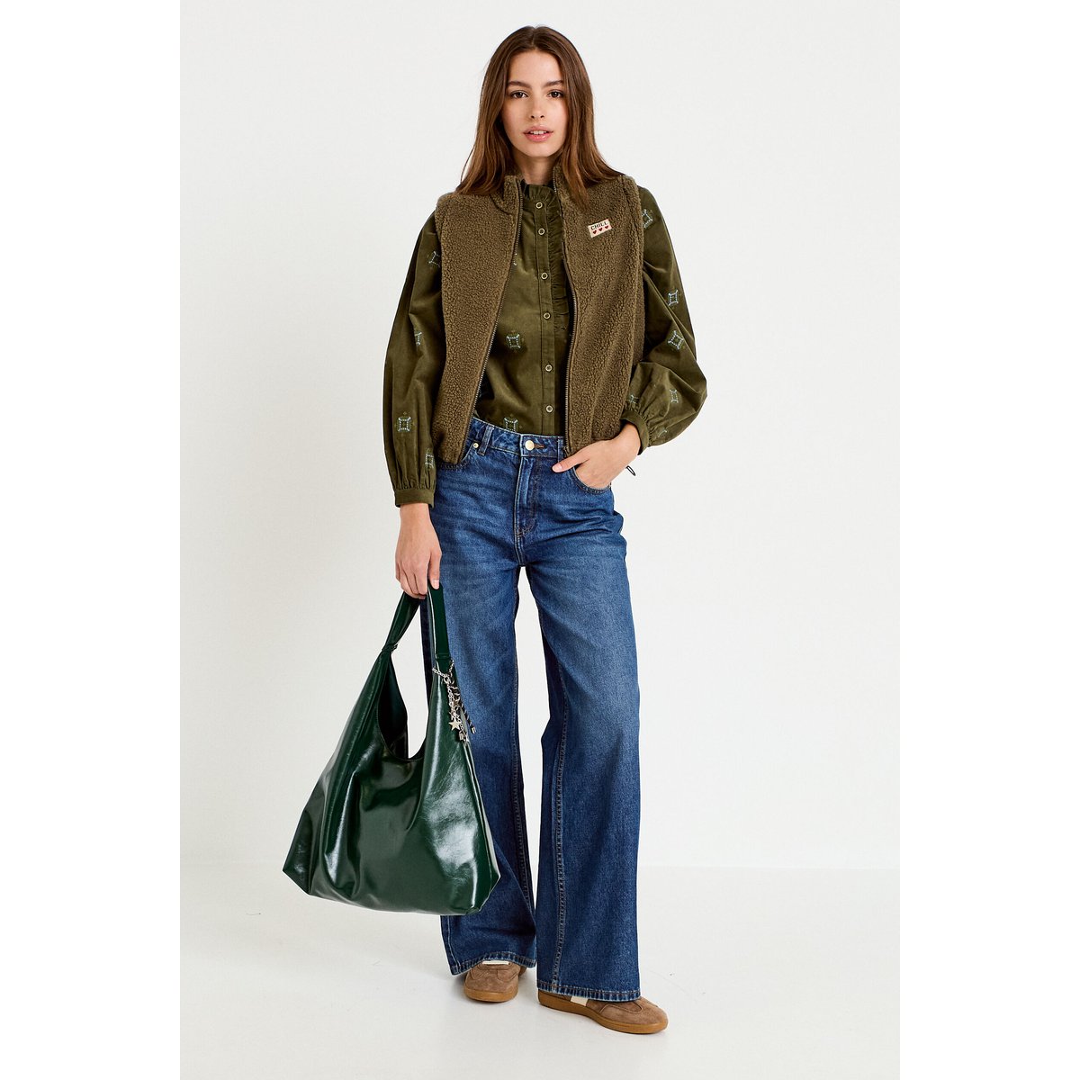 Chemise droite velours col montant vert kaki, CACHE CACHE