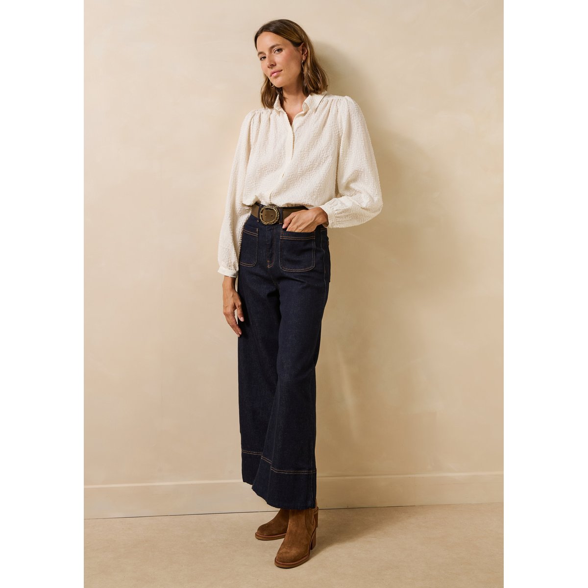 Chemise en jacquard manches longues craie, LA FEE MARABOUTEE