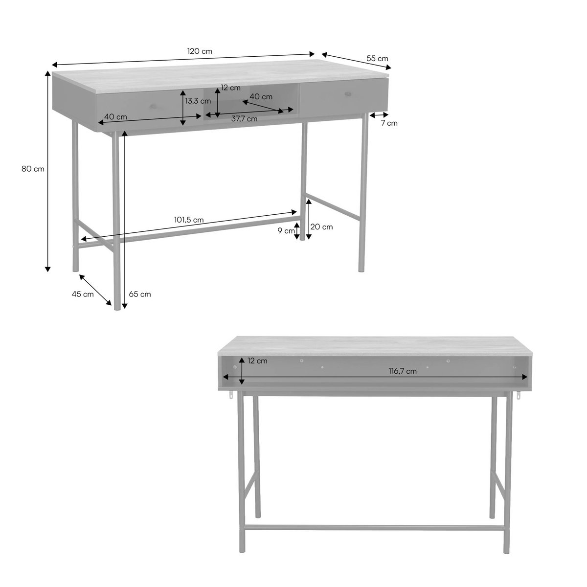 Bureau décor bois et fer 2 tiroirs 1 casier WILLIAM bleu, SWEEEK