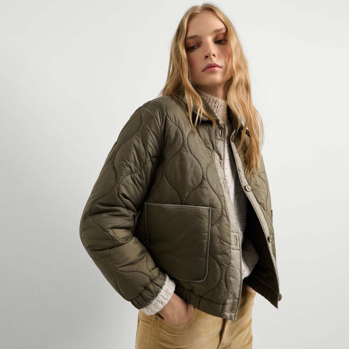 Veste Matelassée À Col En Velours Côtelé vert kaki, PEPE JEANS