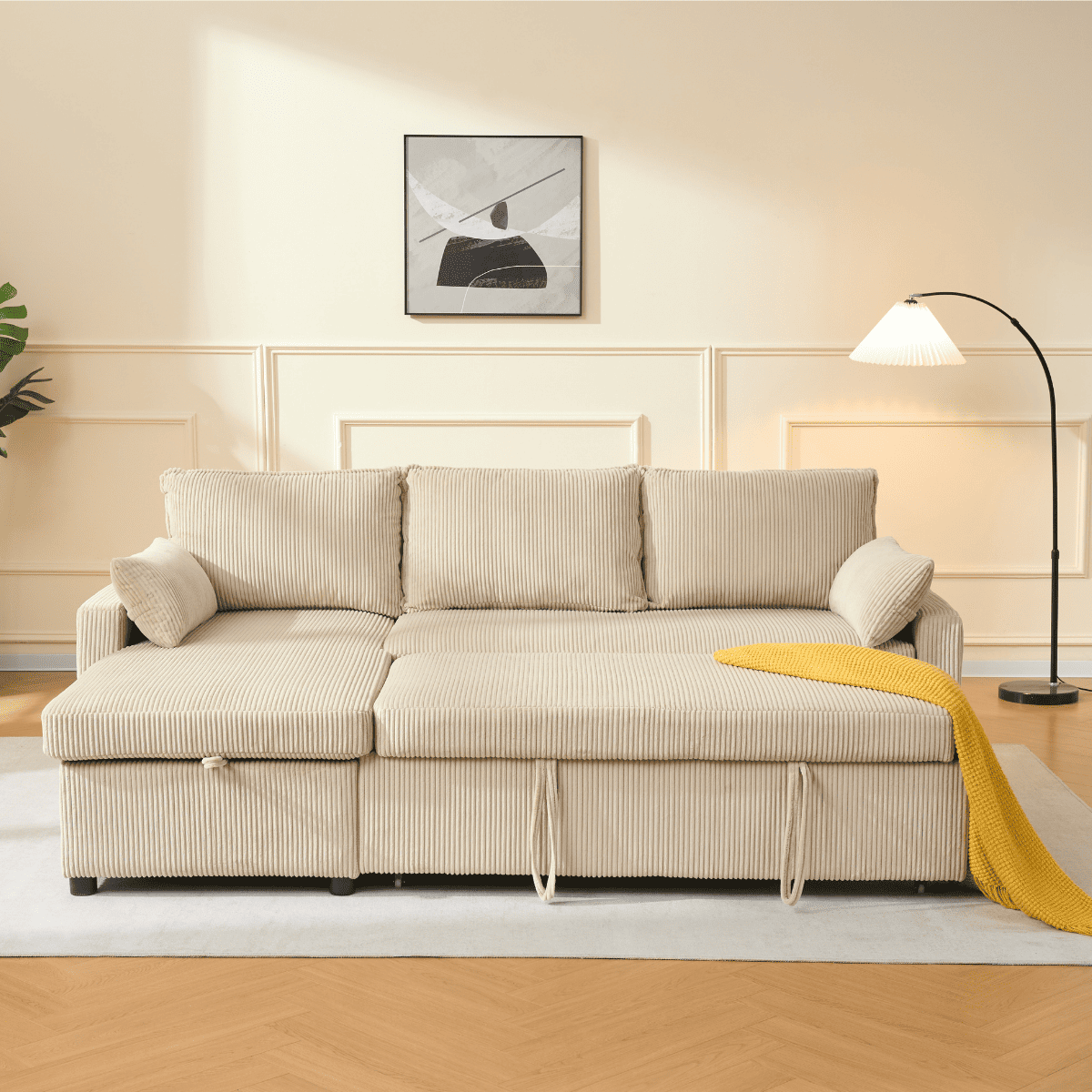 Canapé convertible 3 places en velours LOUISON beige, CALICOSY
