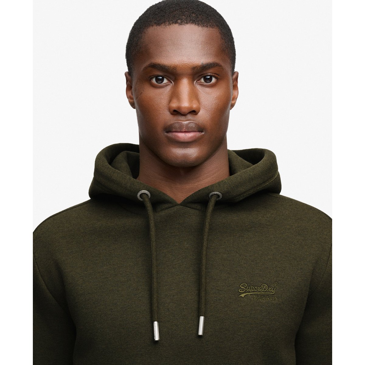 Sweat à capuche Logo Vintage Brodé vert olive chiné, SUPERDRY