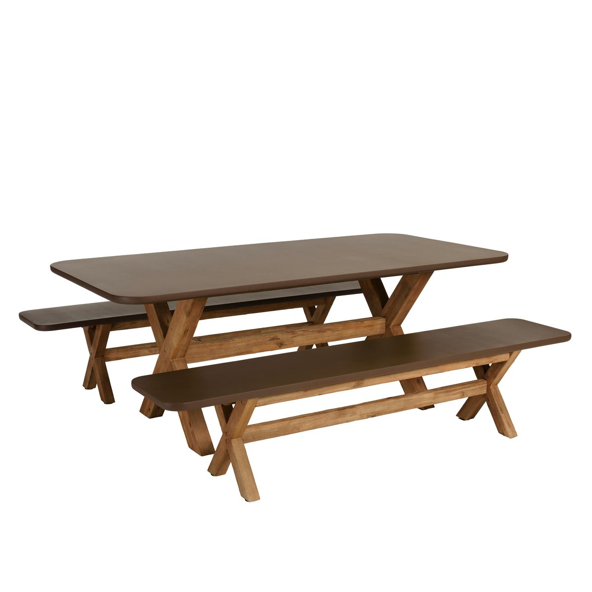 Ensemble table 200 cm et bancs effet béton marron pieds en bois d'acacia CALVI marron, PIER IMPORT