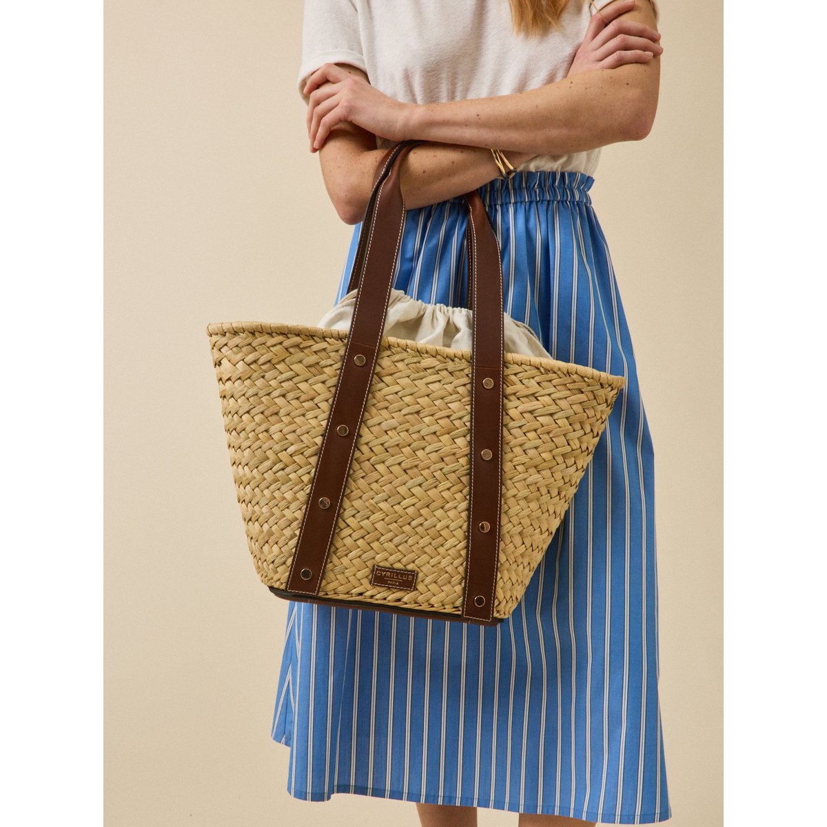 Sac cabas paille et cuir - Collection Maroquinerie Cyrillus tan, CYRILLUS