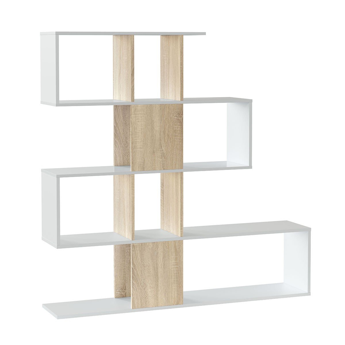 Bibliothèque avec 4 niveaux et 11 compartiments de rangement H145 cm - Zigzag bois clair, CALICOSY