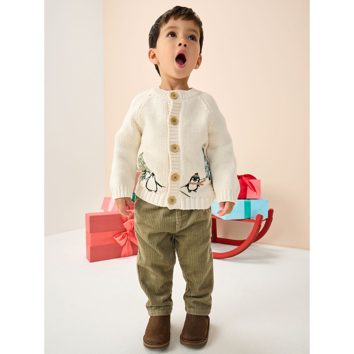 Cardigan à motif de noël pingouin crème, NEXT