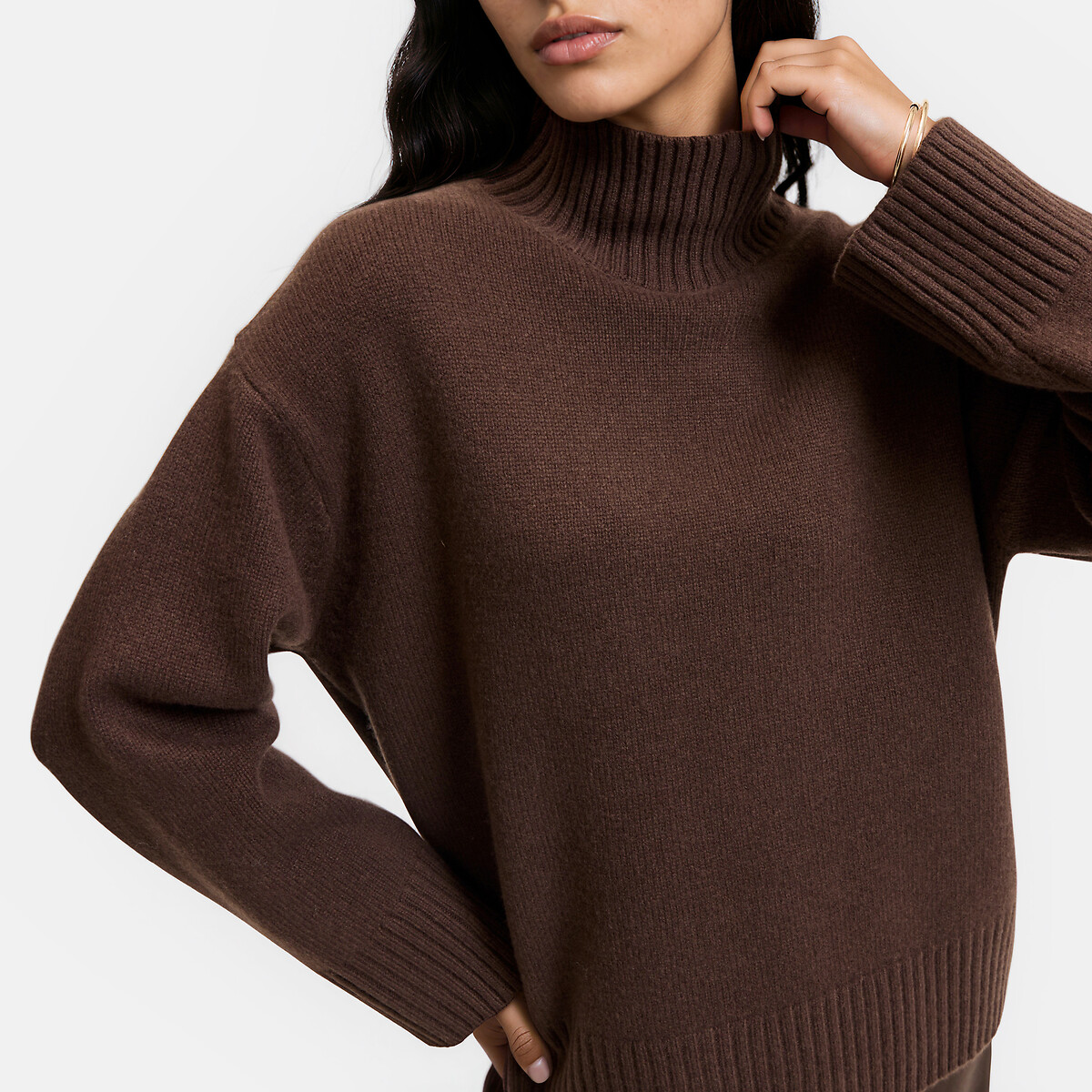 Jersey de cuello alto de lana, punto grueso marrón, LA REDOUTE COLLECTIONS