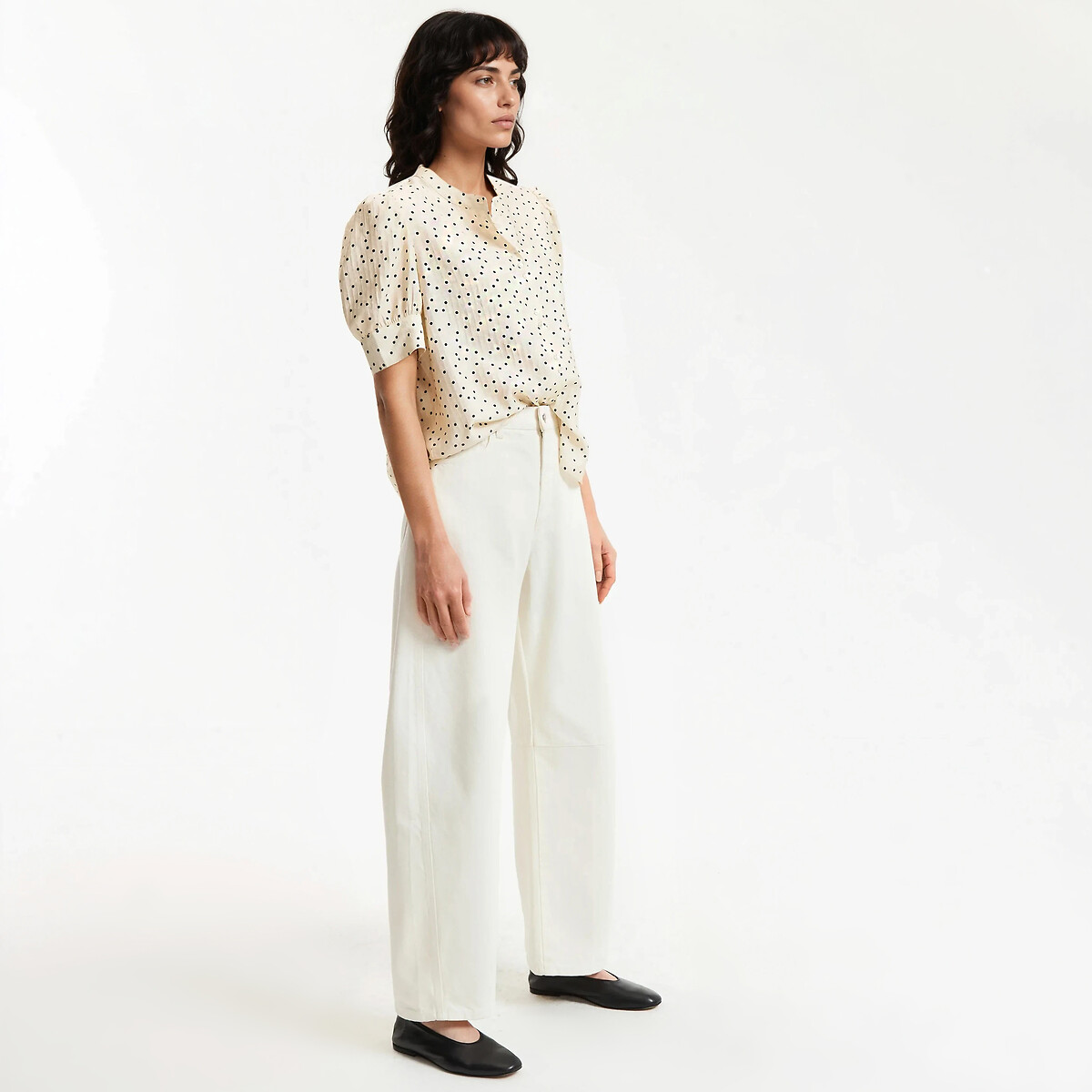 Blouse col rond manches courtes à pois imprimé pois fond écru, LA REDOUTE COLLECTIONS