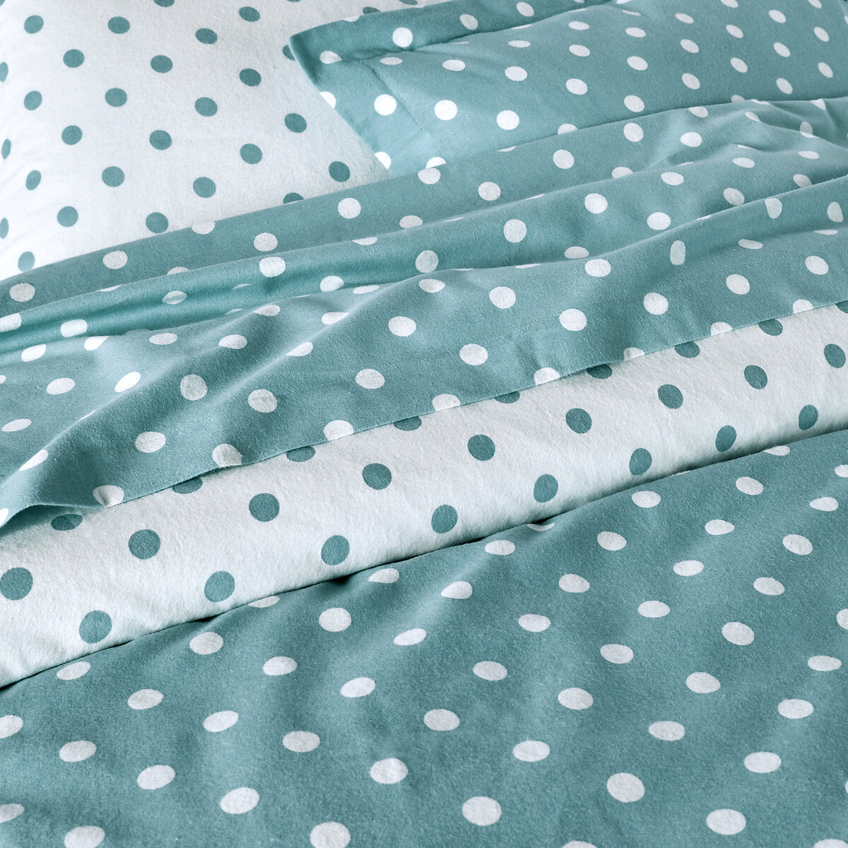 Drap housse flanelle imprimé pois, Clarisse céladon/blanc, LA REDOUTE INTERIEURS